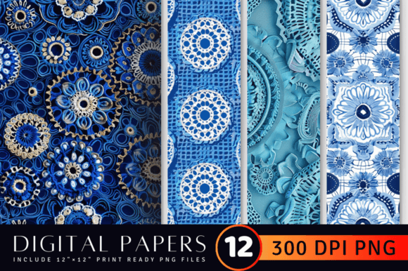 Blue Crochet Embroidery Digital Paper