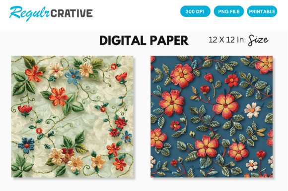 Floral Embroidery Digital Paper Pack
