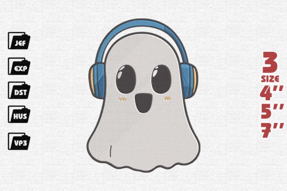 Ghost Boo Listening to Music Embroidery