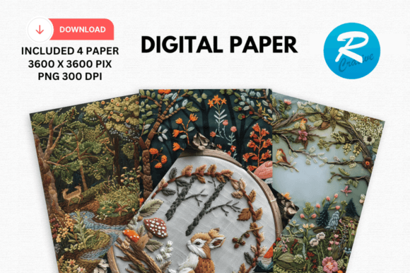 Woodland Embroidery Digital Paper Design